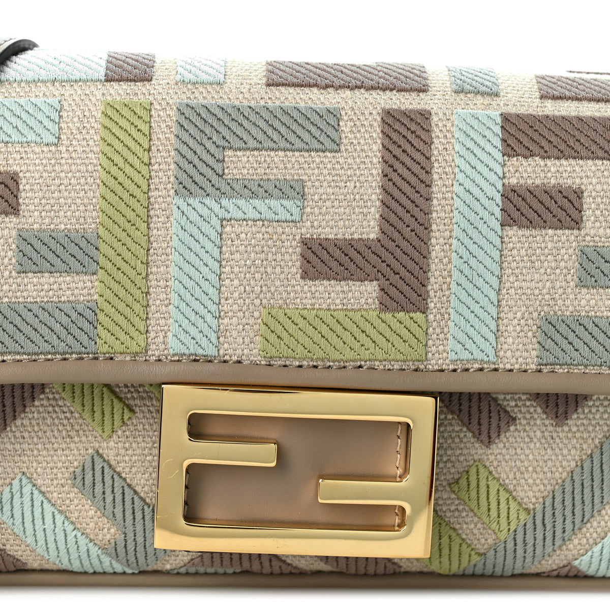 Canvas Vitello King Seta FF Embroidered Mini Baguette Matcha Milk Dove