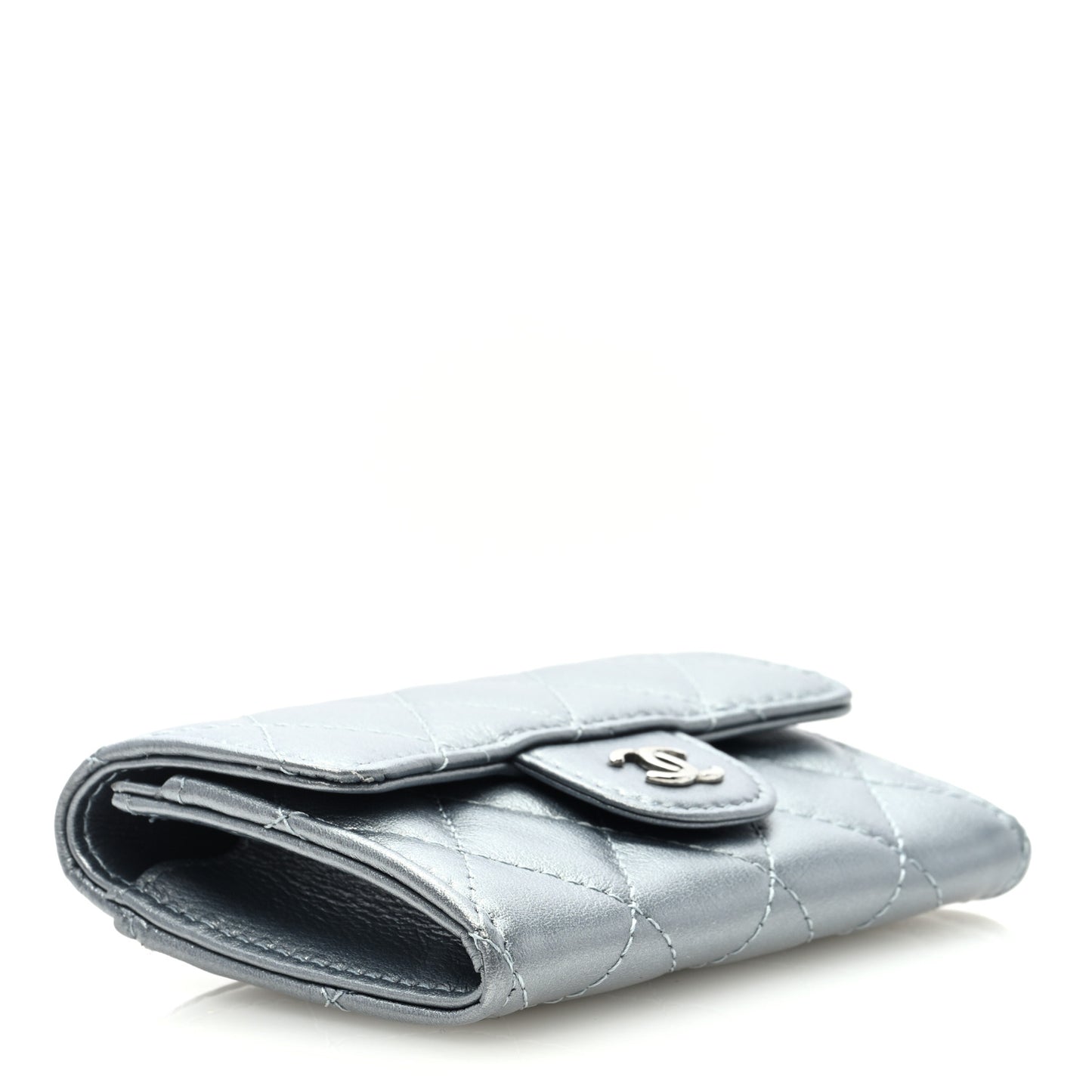 Metallic Lambskin Quilted Flap Card Holder Wallet Silver