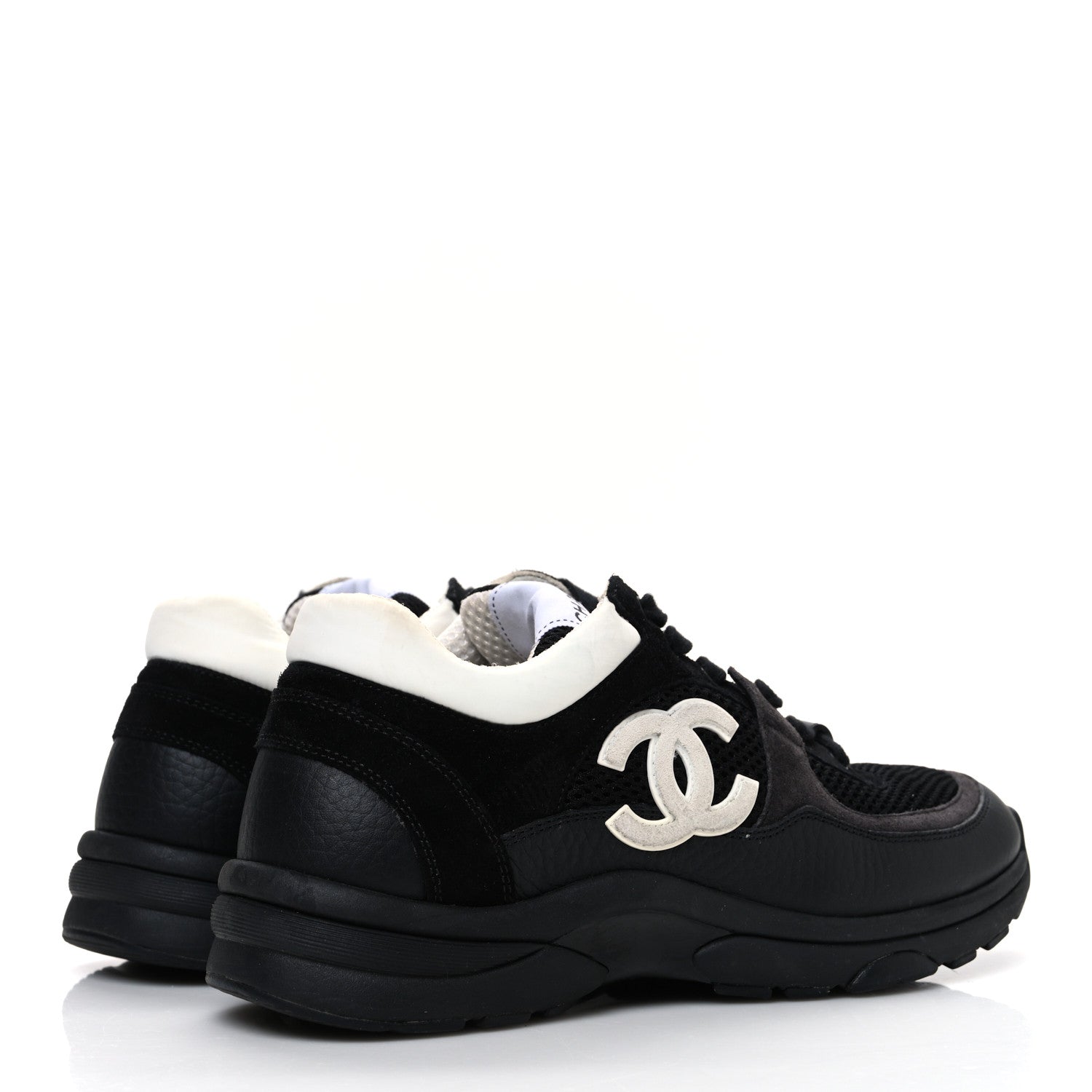 Chanel Mesh Suede Grained Calfskin Womens CC Sneakers 37.5 Black White 5 of 10