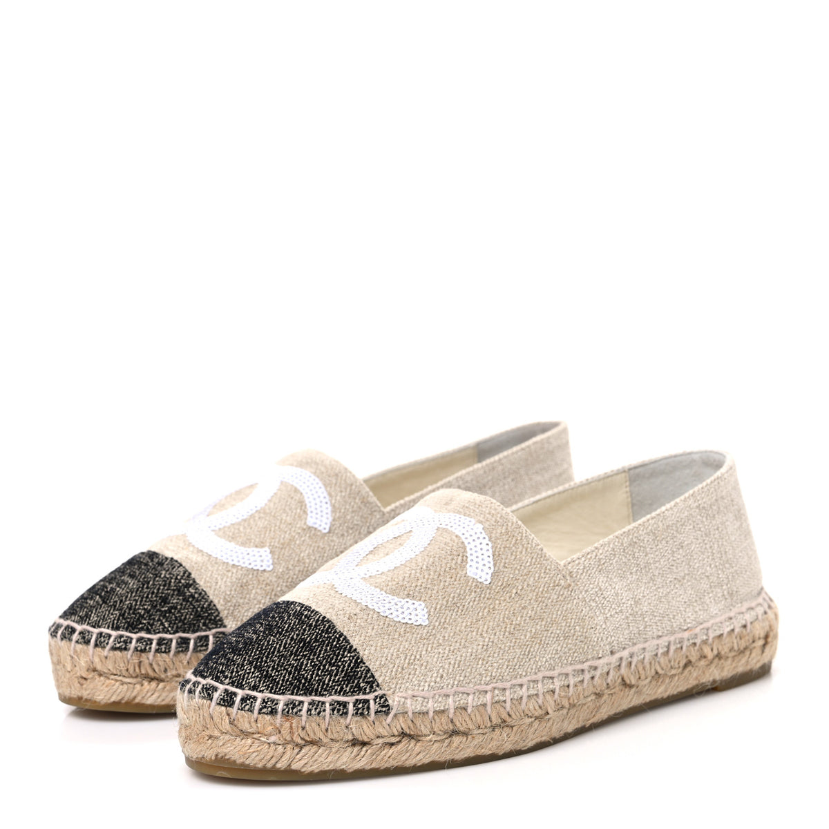 Chanel Toile Sequin CC Espadrilles 37 Beige Black 4 of 12