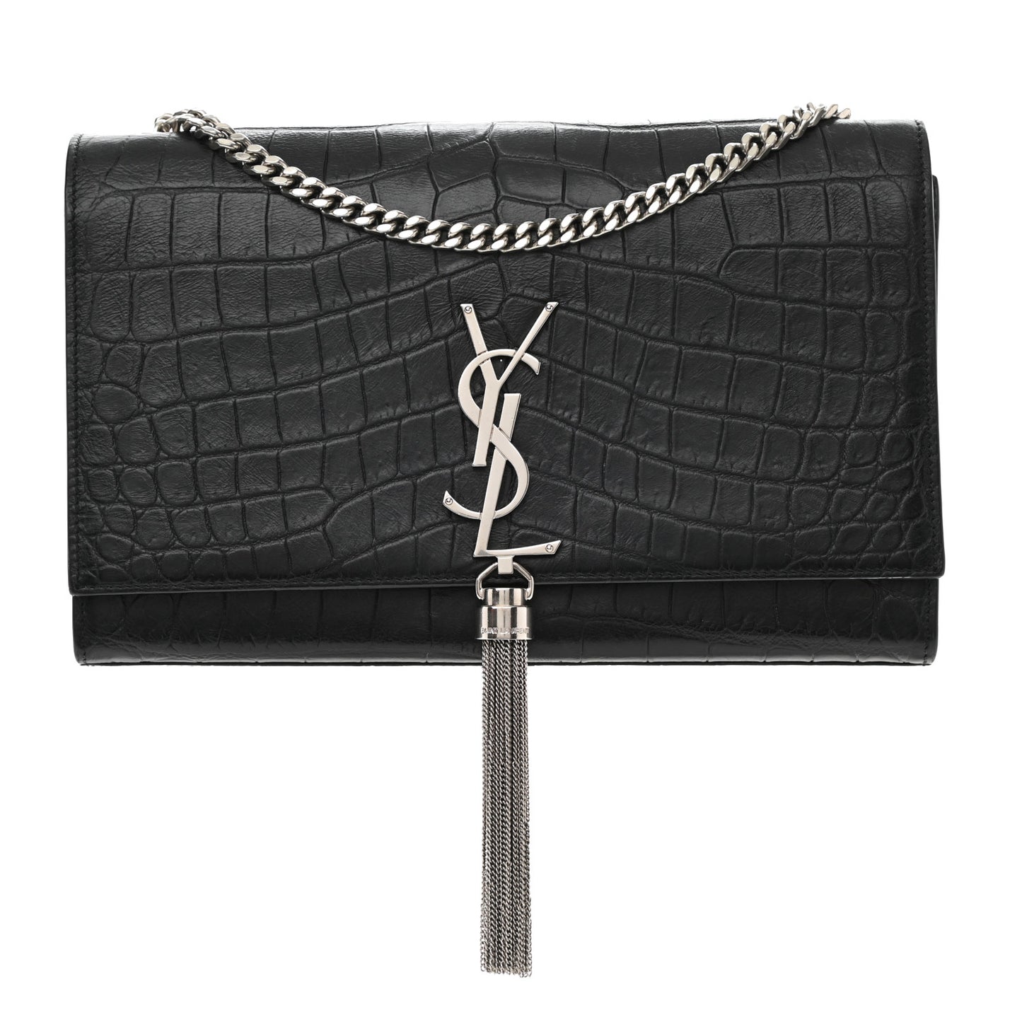 Calfskin Crocodile Embossed Medium Classic Monogram Kate Tassel Satchel Black