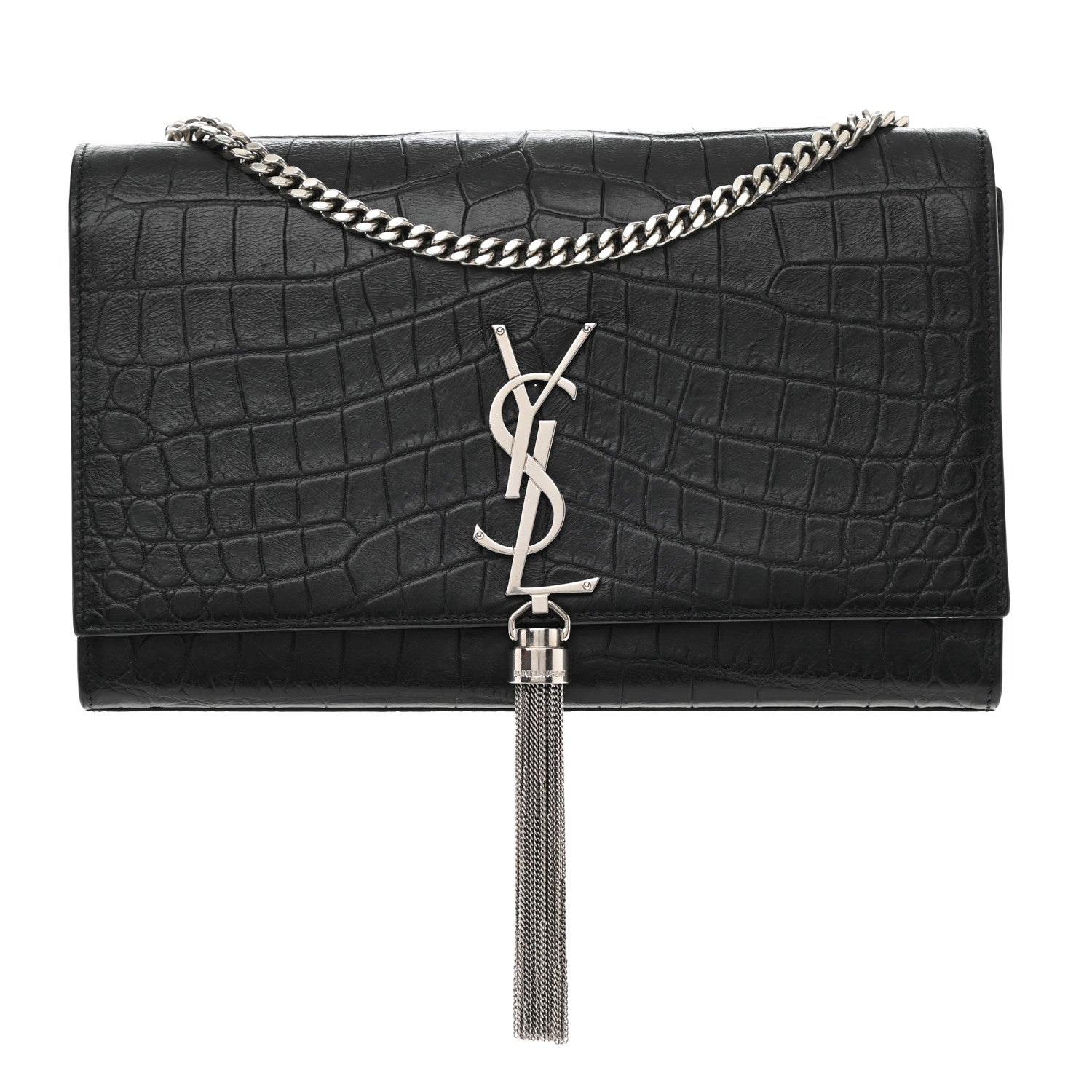 Saint Laurent Calfskin Crocodile Embossed Medium Classic Monogram Kate Tassel Satchel Black 1 of 10