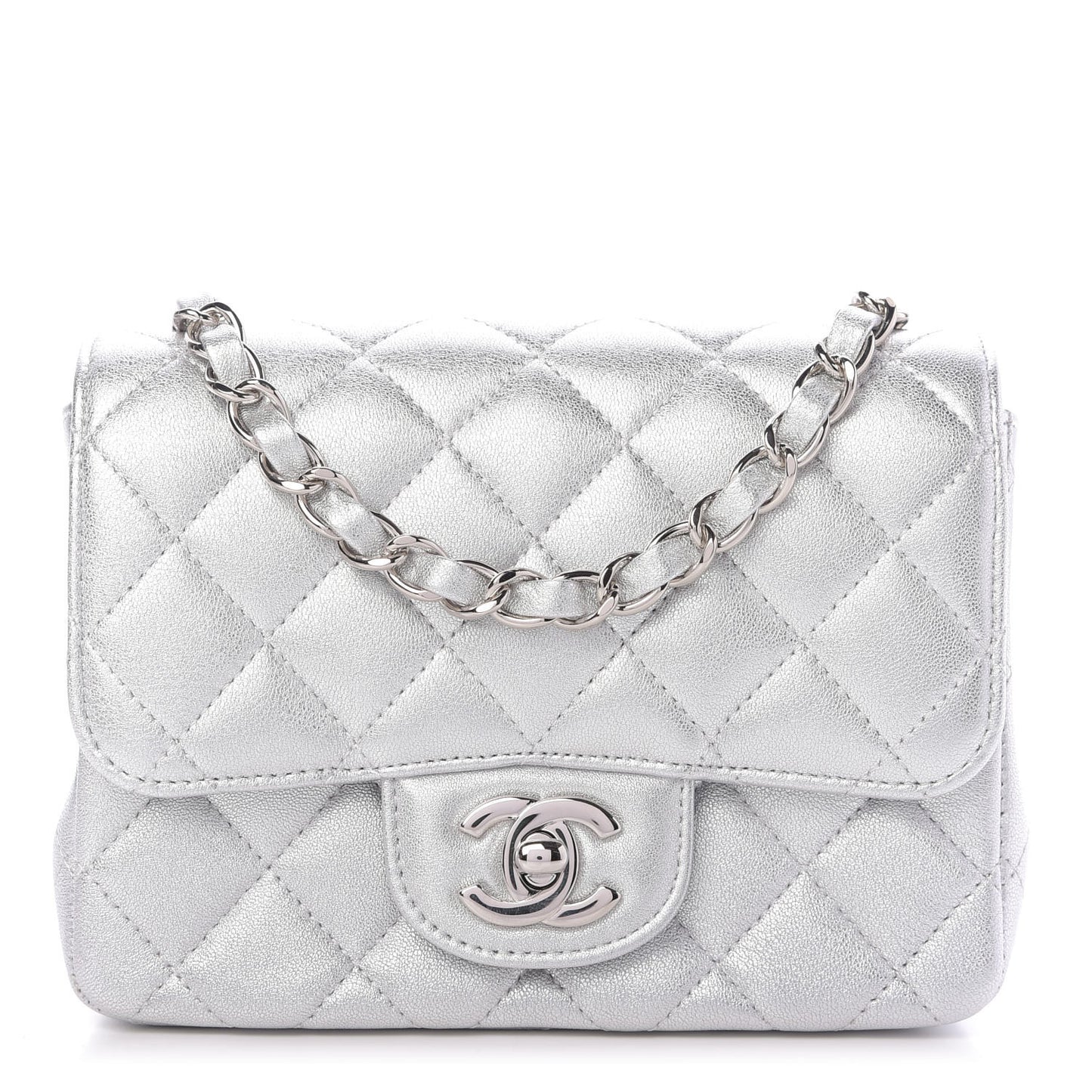 Metallic Lambskin Quilted Mini Square Flap Silver