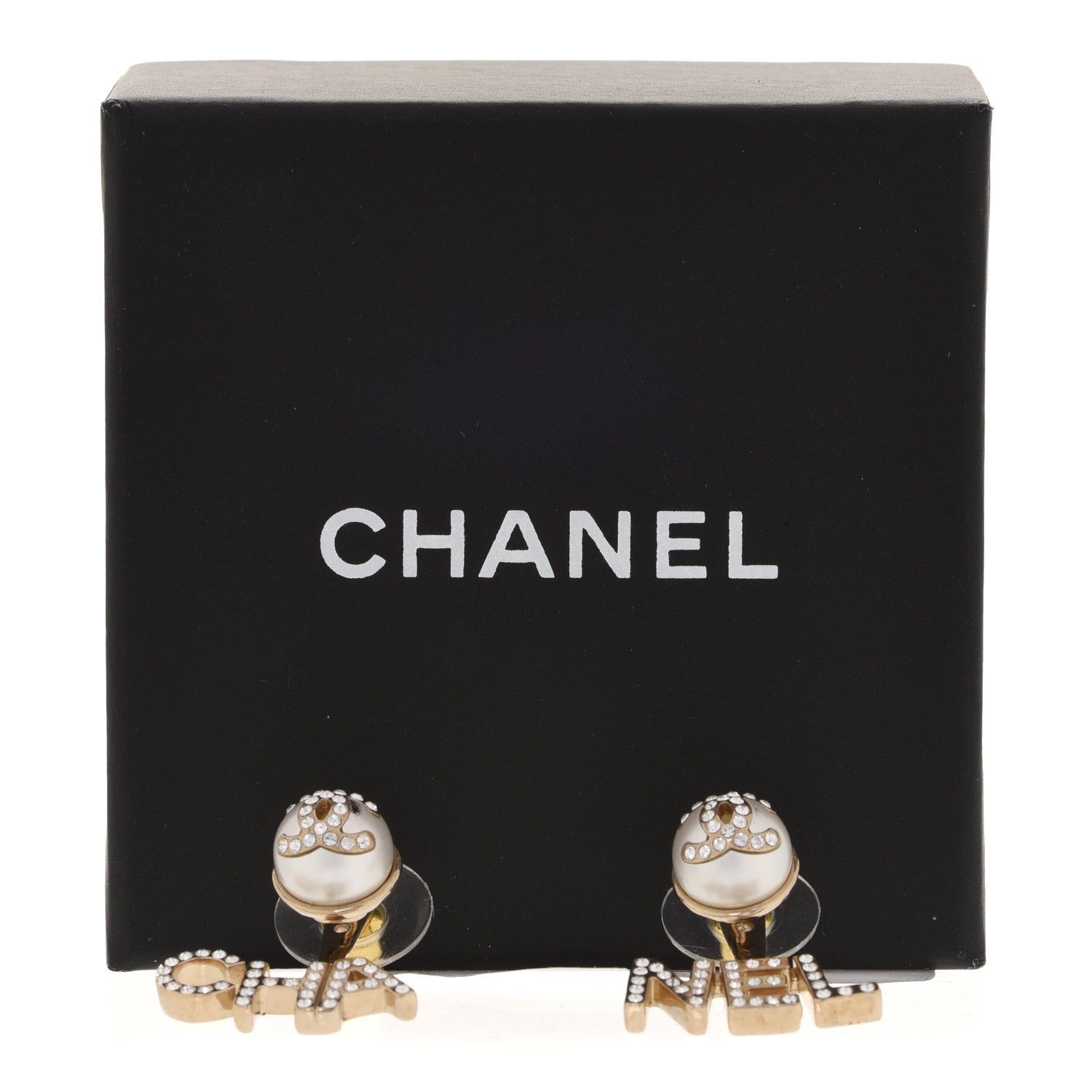 Chanel Pearl Crystal Logo Earrings Gold Pearly White 5 of 5