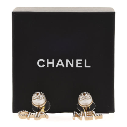 Chanel Pearl Crystal Logo Earrings Gold Pearly White 5 of 5