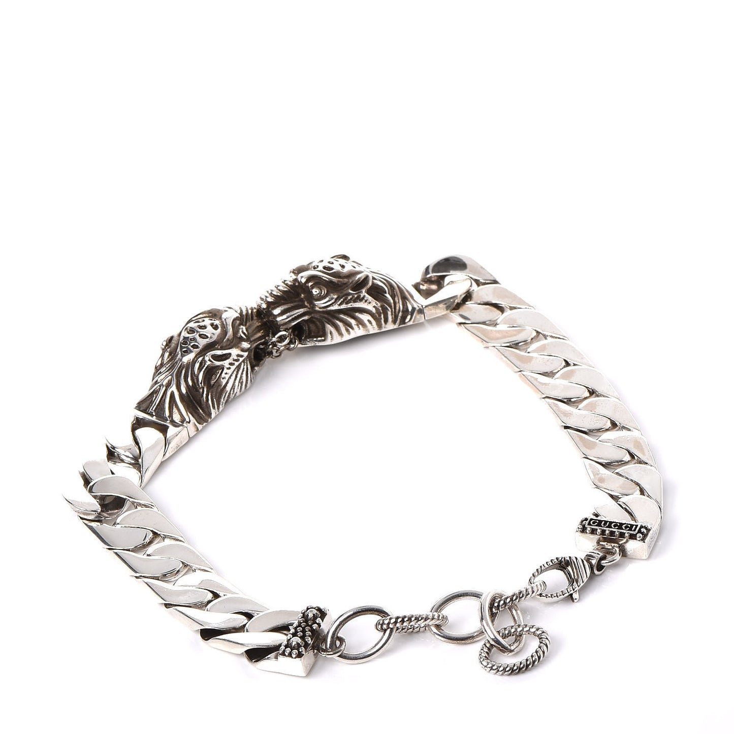 Sterling Silver Tiger Head Motif Gourmette Bracelet