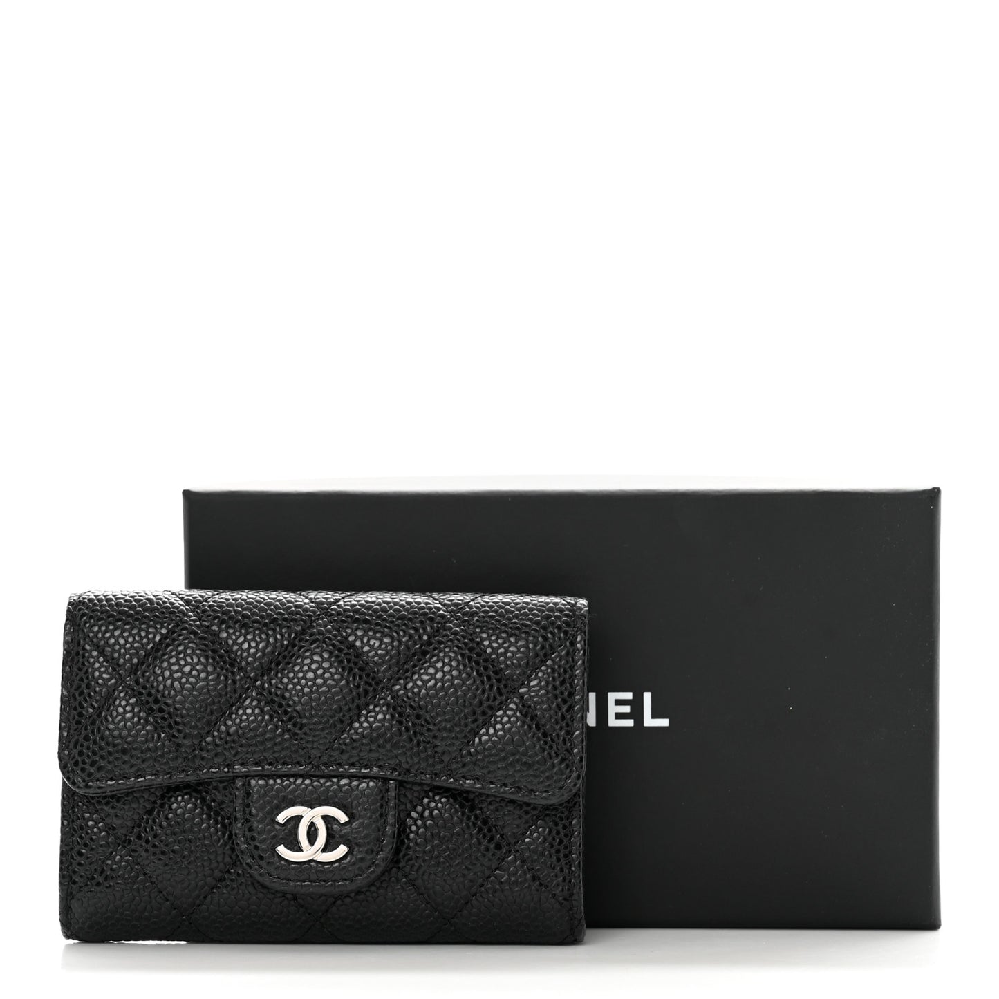 Caviar Quilted Flap Card Holder Wallet Black