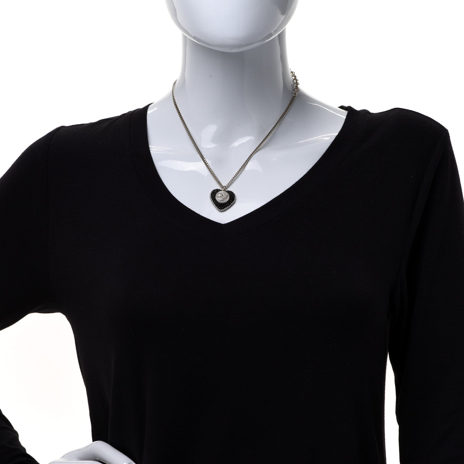 Chanel Pearl Crystal CC Heart Necklace Gold Pearly White Black 2 of 6