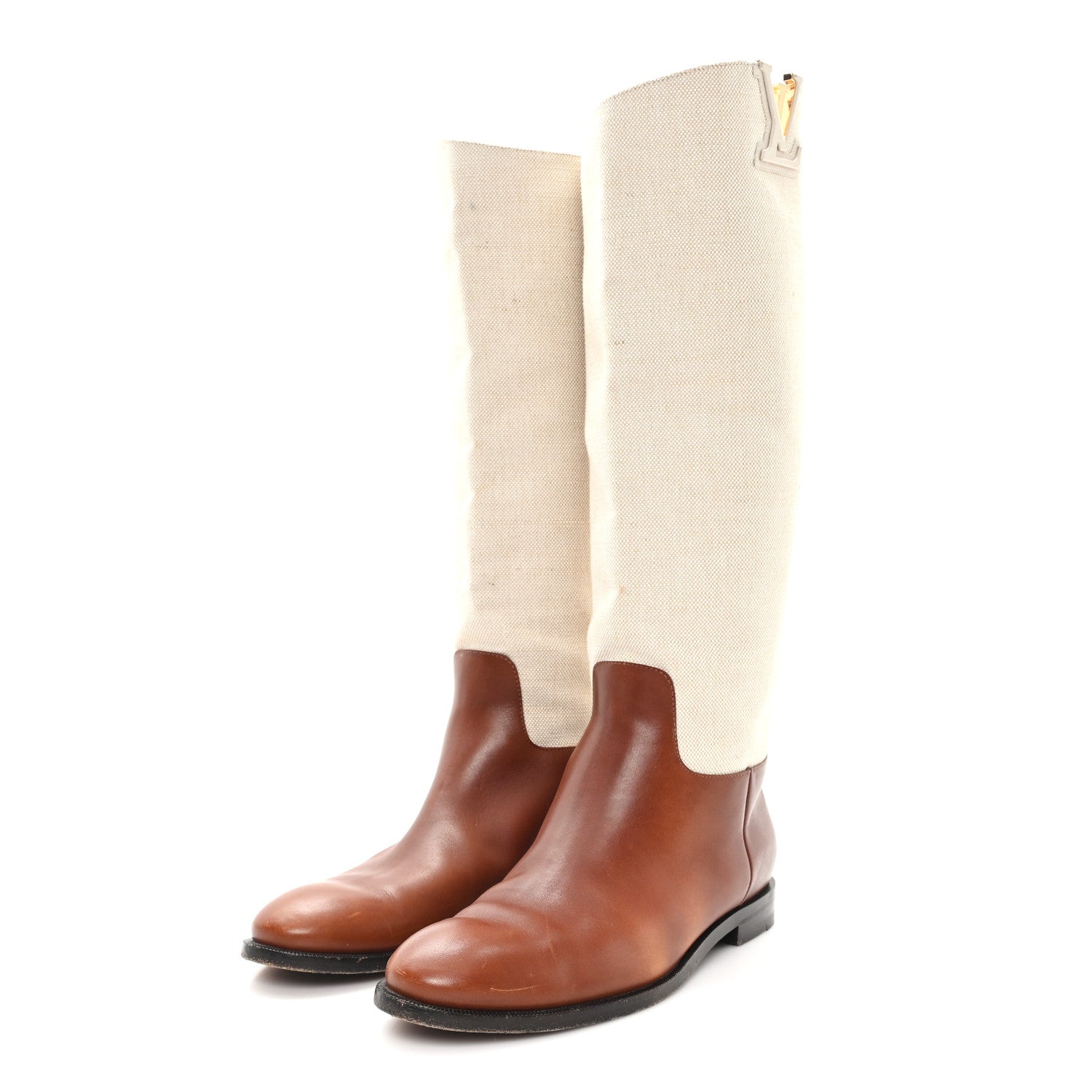 Louis Vuitton Canvas Calfskin Heritage Flat High Boots 38 Beige Brown 4 of 9