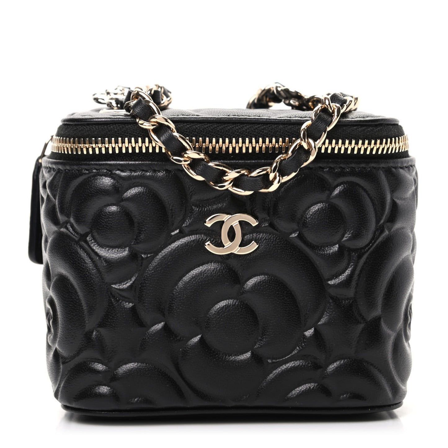 Lambskin Camellia Embossed Mini Vanity Case With Chain Black
