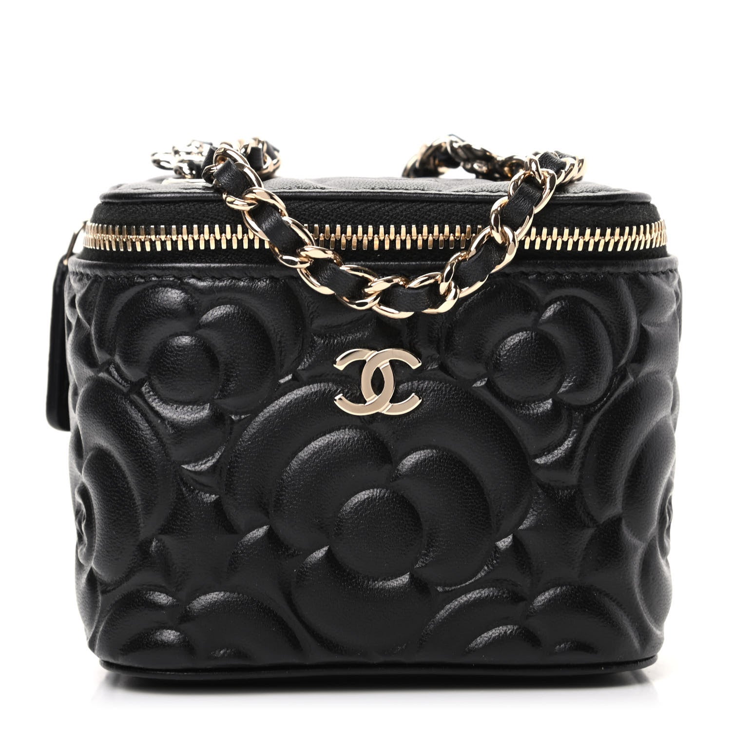 Chanel Lambskin Camellia Embossed Mini Vanity Case With Chain Black 1 of 10