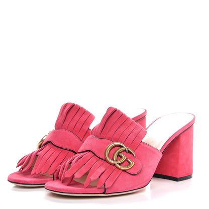 Gucci Kid Scamosciato GG Marmont Fringe 75mm Slide Sandals 40 Hot Pink 3 of 10