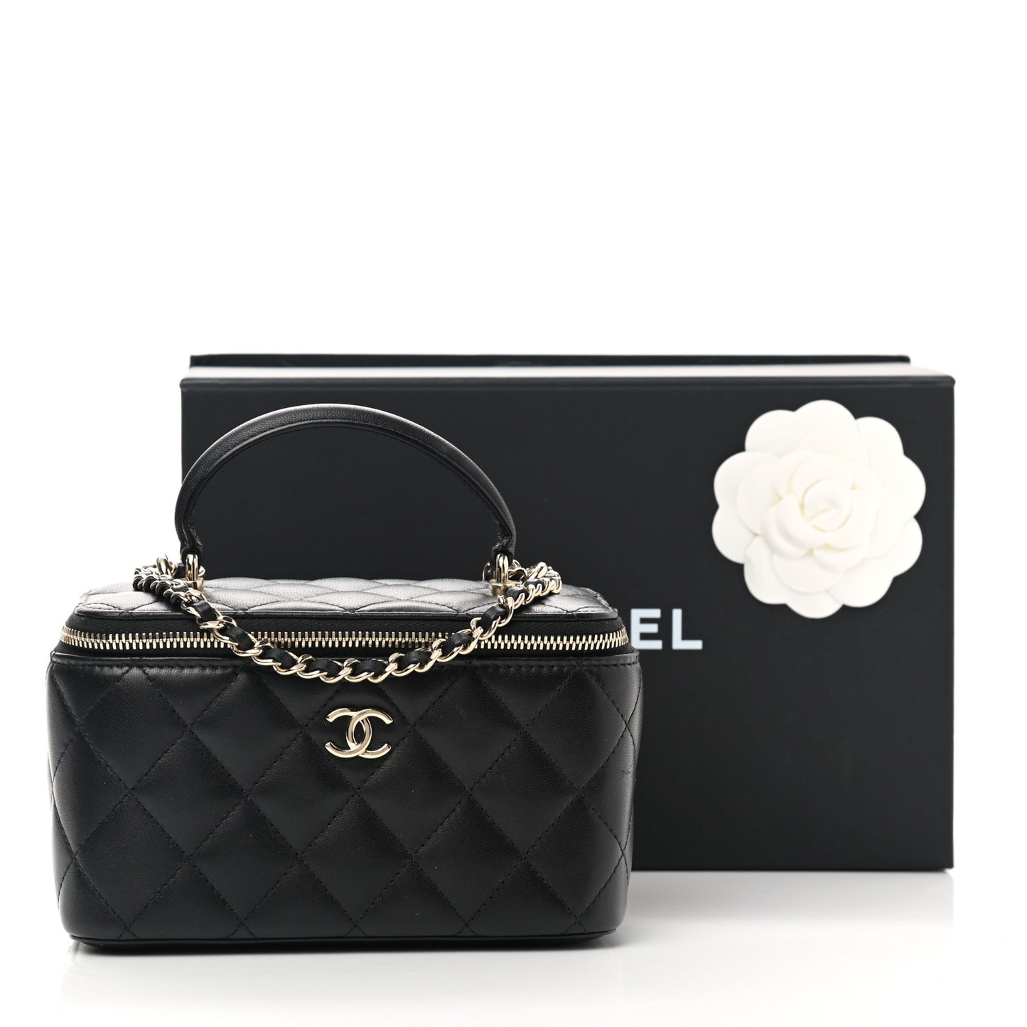 Lambskin Quilted Small Top Handle Vanity Case With Chain Black