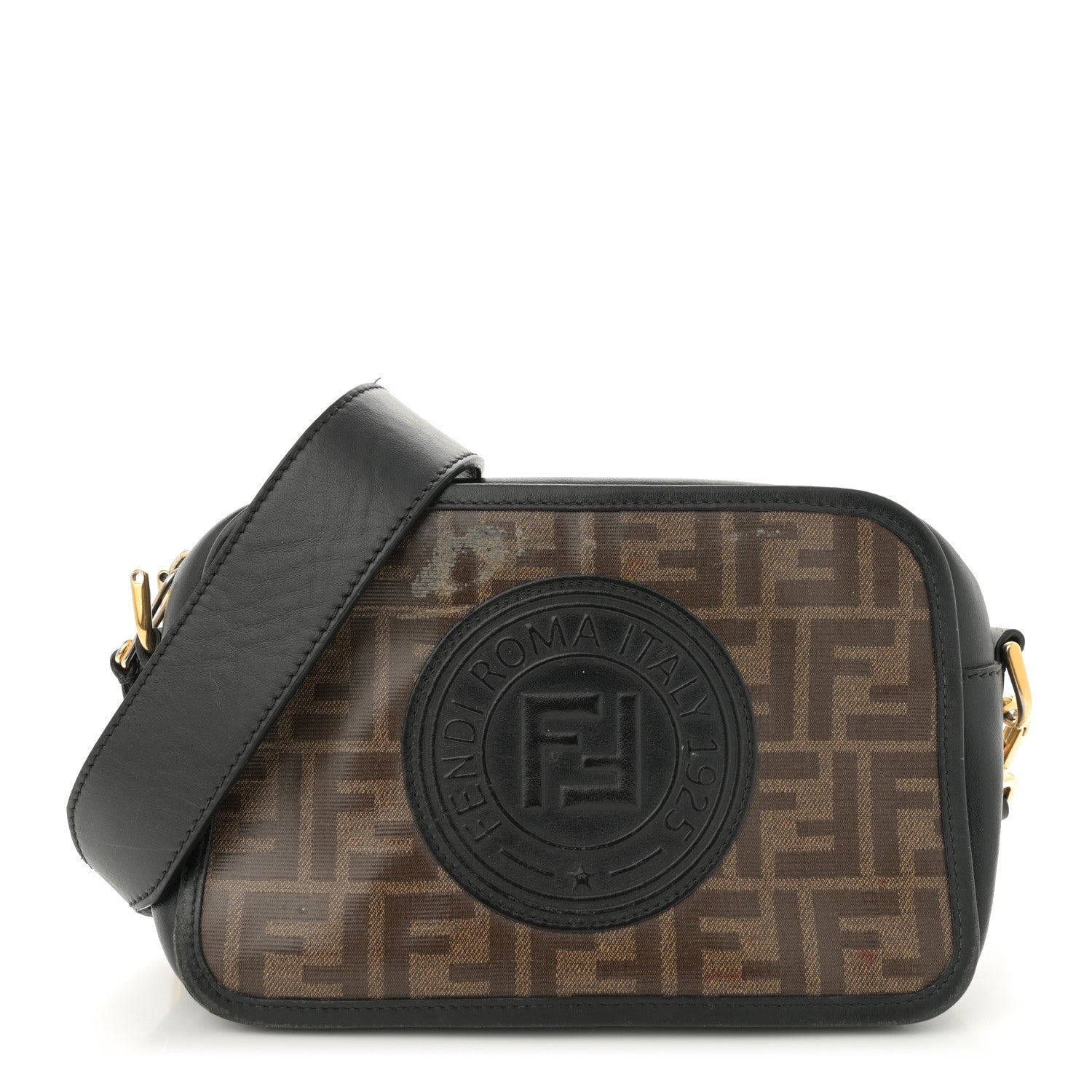 Fendi Glazed Fabric Vitello Century F is Fendi FF 1974 Stamp Patch Camera Case Mogano Panna Black 1 of 17