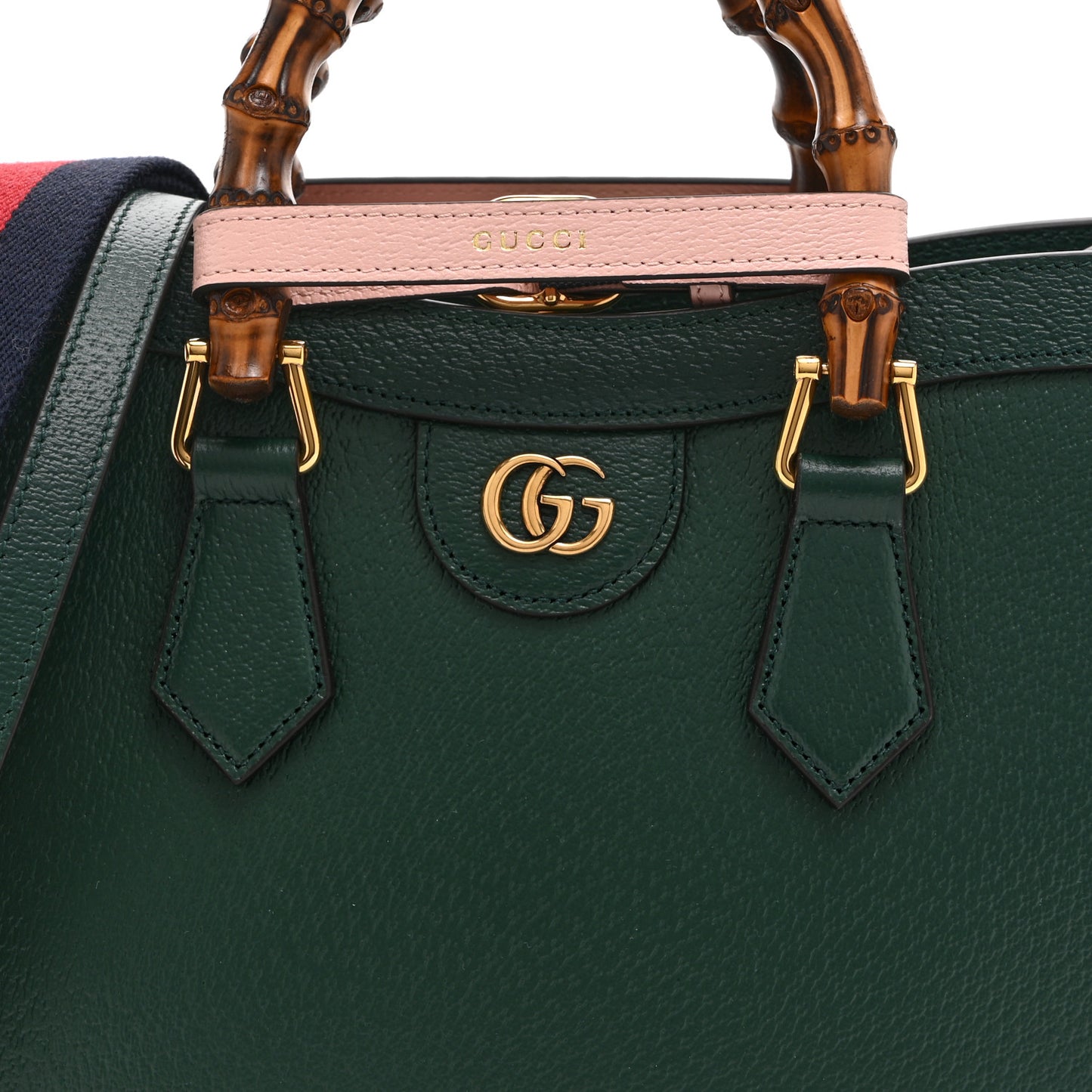 Textured Dollar Calfskin Web Small Diana Tote Bag Vintage Green Powder Pink