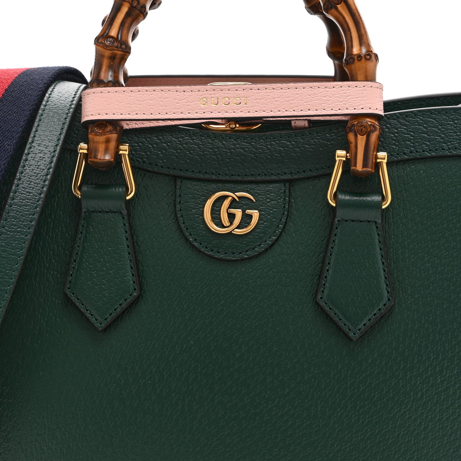 Gucci Textured Dollar Calfskin Web Small Diana Tote Bag Vintage Green Powder Pink 8 of 10