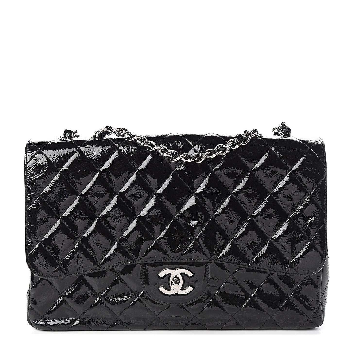 Distressed Patent Quilted Jumbo Single Flap Black
