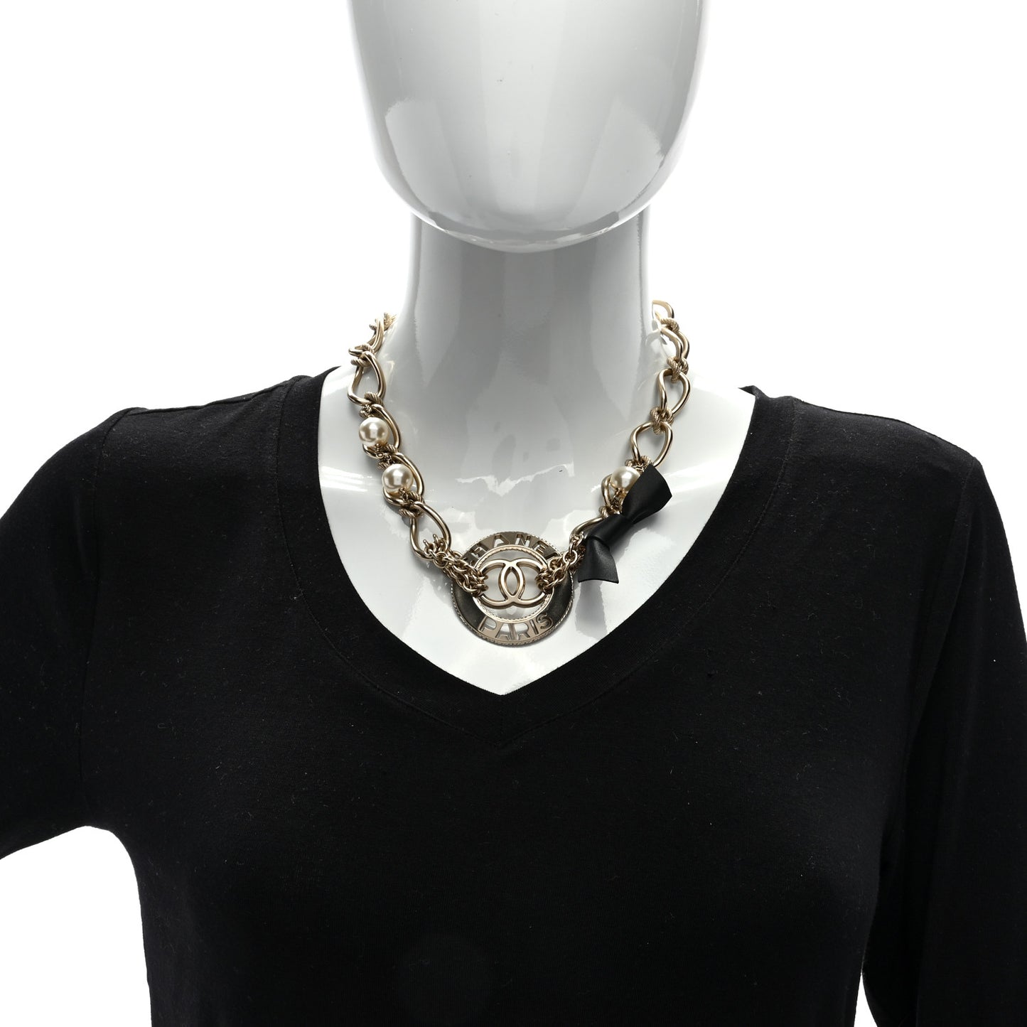 Metal Pearl Chain CC Paris Pendant Necklace Light Gold