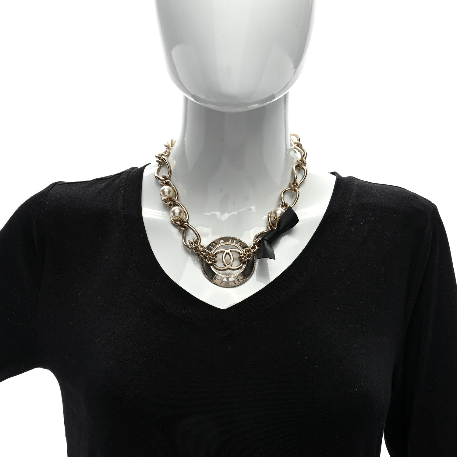 Chanel Metal Pearl Chain CC Paris Pendant Necklace Light Gold 4 of 4