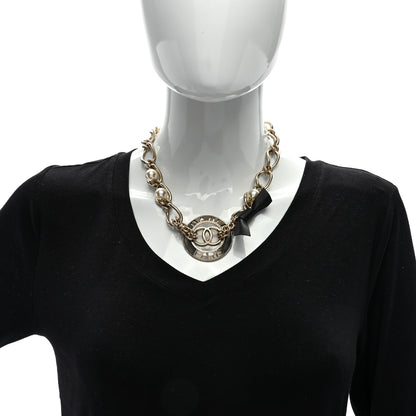 Chanel Metal Pearl Chain CC Paris Pendant Necklace Light Gold 4 of 4