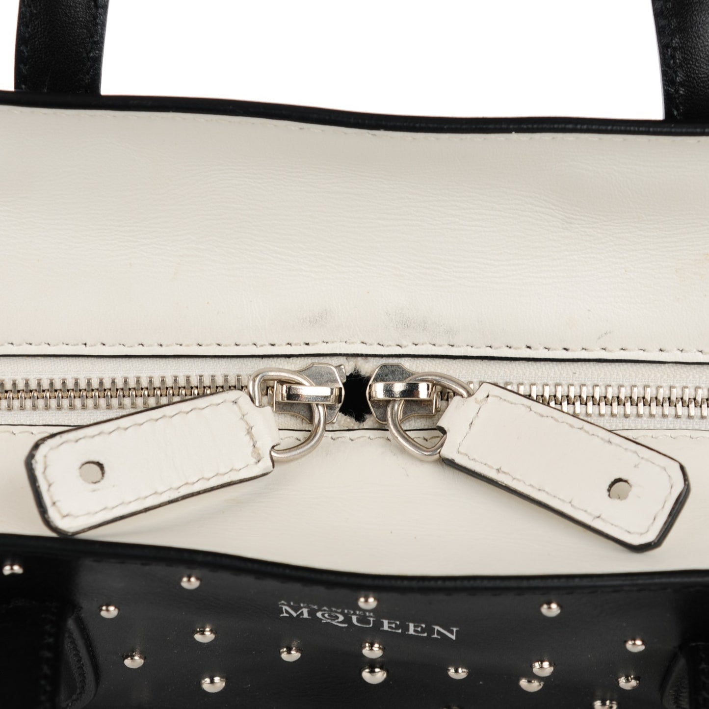 Calfskin Studded Small Padlock Tote Black White