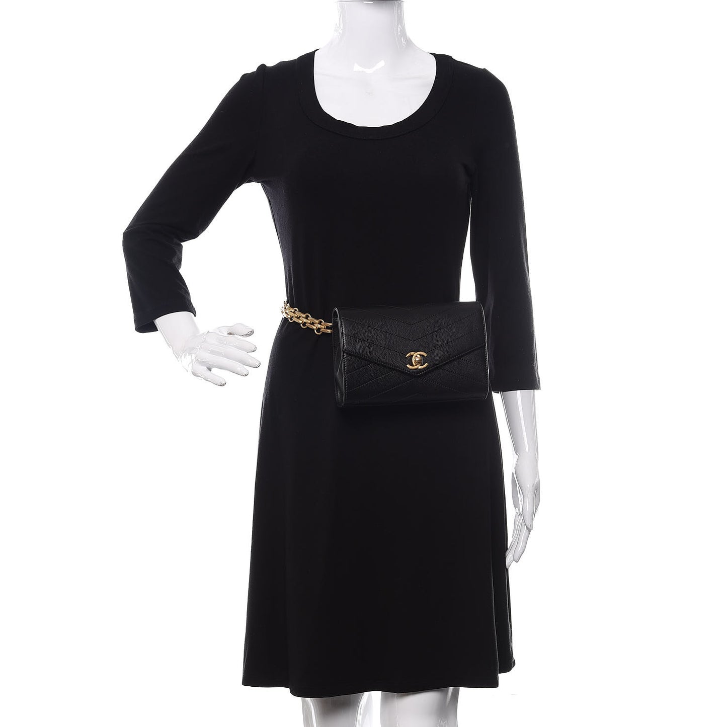 Calfskin Chevron Stitched Coco Waist Bag Black