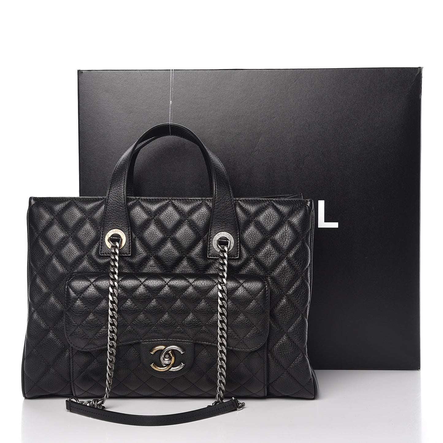 Metallic Grained Calfskin Quilted Large Casual Pocket Tote Black