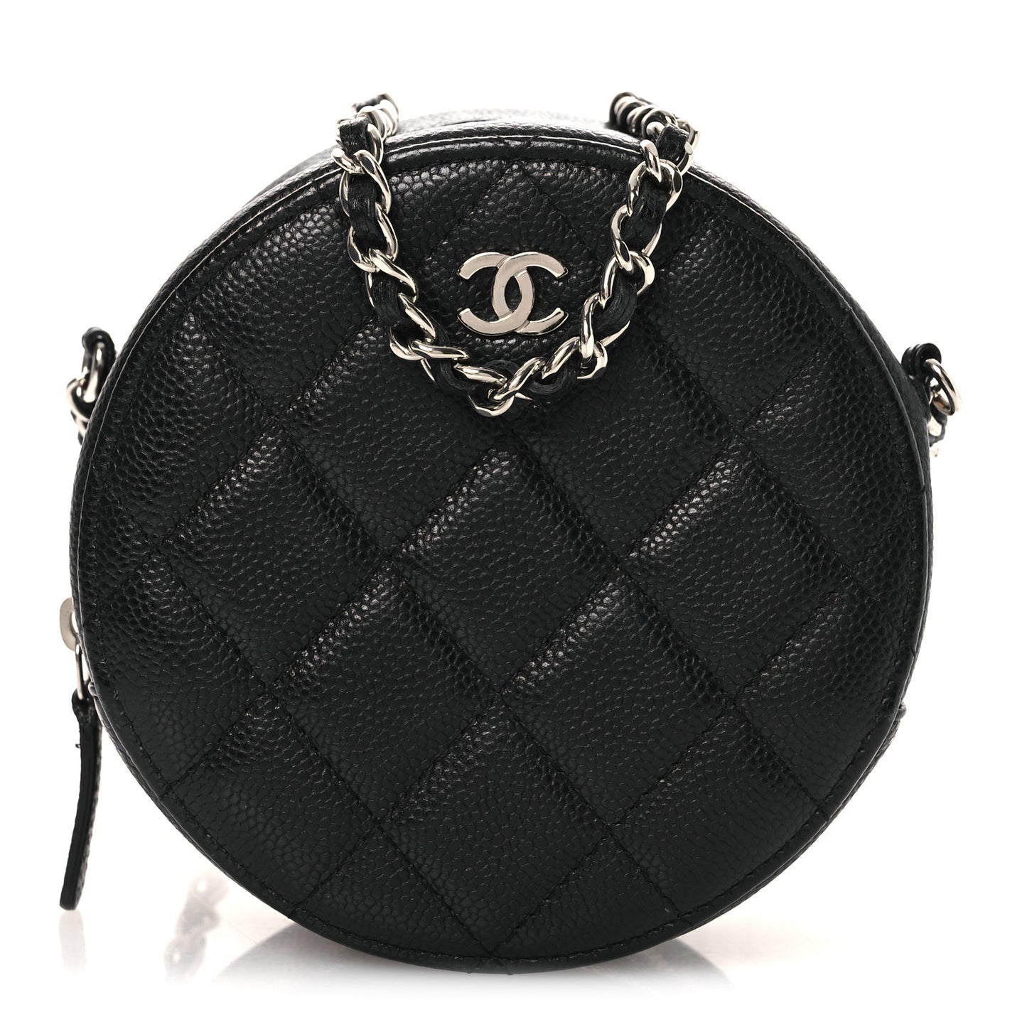 Caviar Quilted Round Clutch With Chain Black