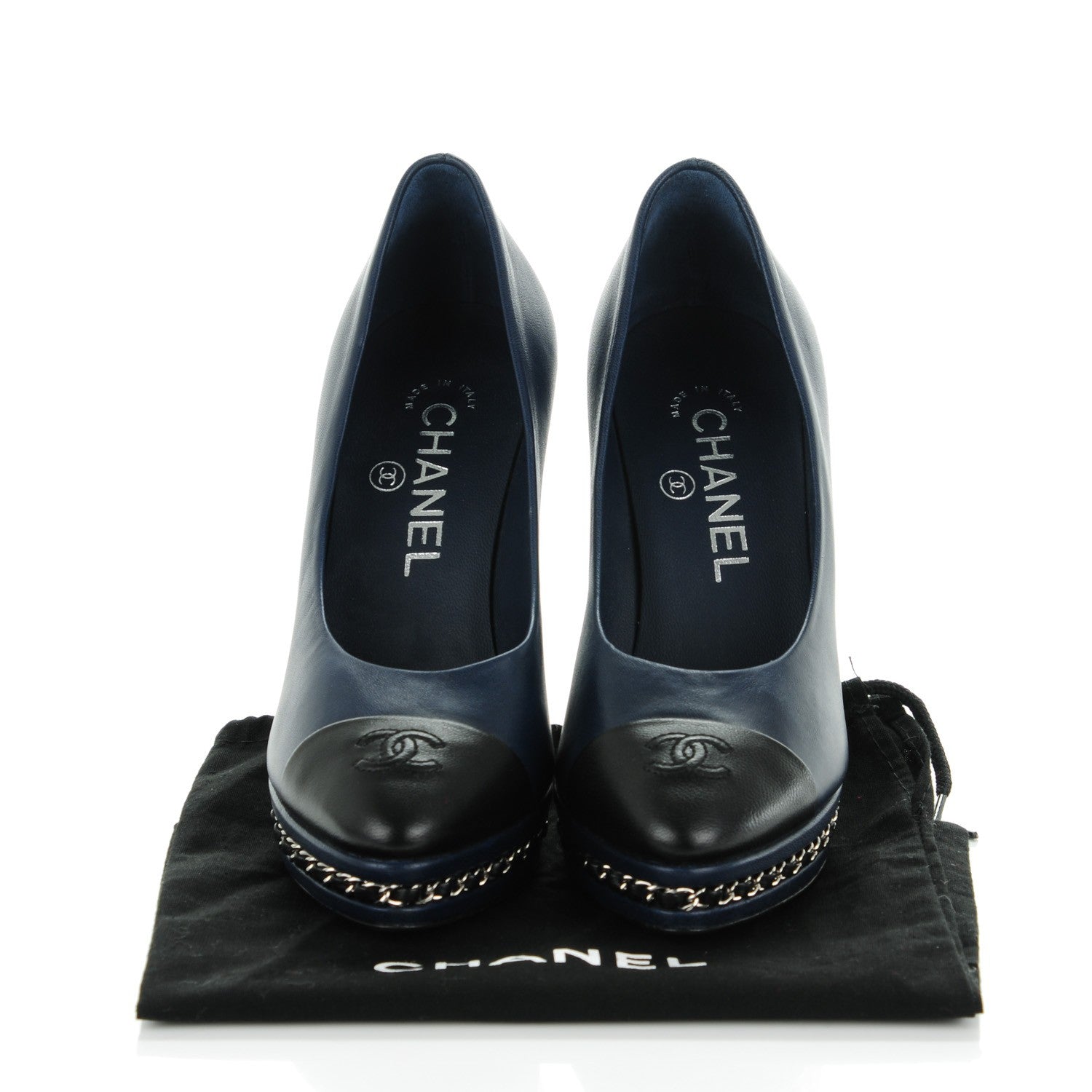 Chanel Calfskin CC Cap Toe Platform Chain Pumps 35 Navy Black 9 of 9