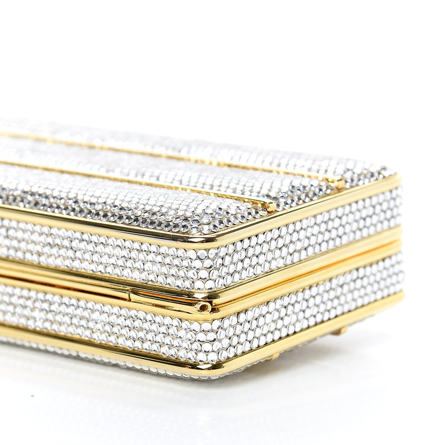 Judith Leiber Swarovski Crystal Striped Minaudiere Clutch Silver Gold 8 of 11
