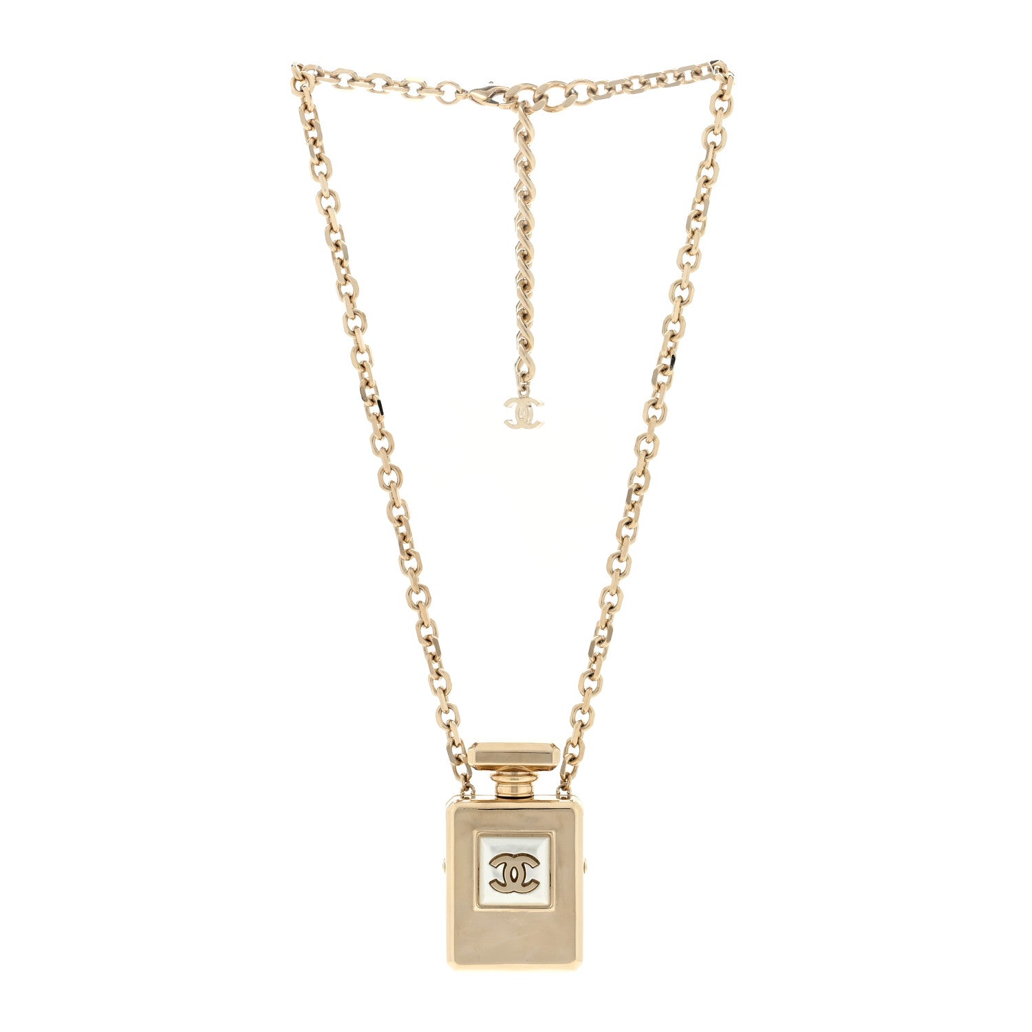 Chanel Metal Pearl Perfume Bottle CC Locket Necklace Gold 2 of 5
