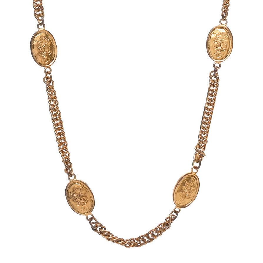 Metal Regal Crown CC Medallion Necklace Aged Gold