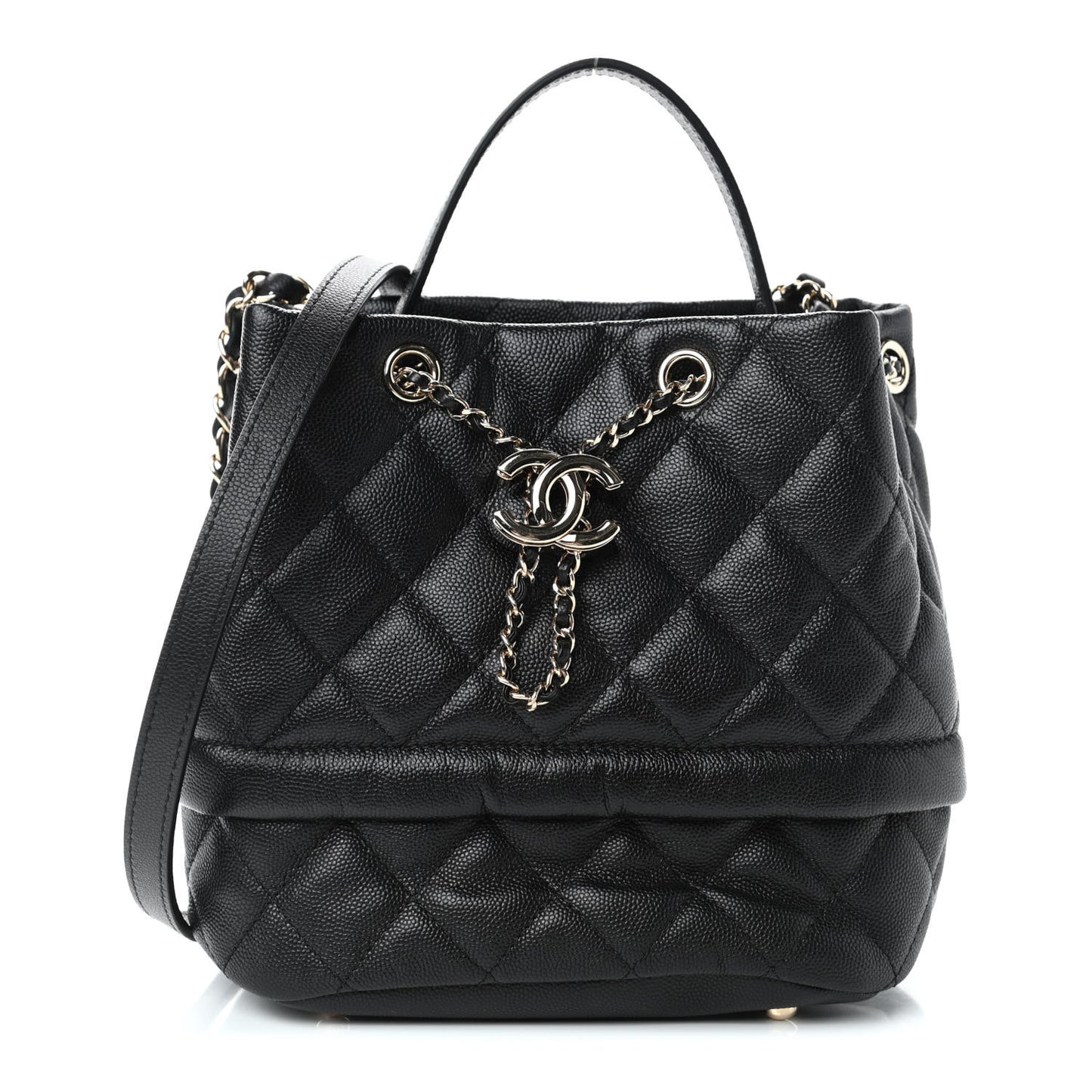 Caviar Quilted Rolled Up Bucket Drawstring Bag Black