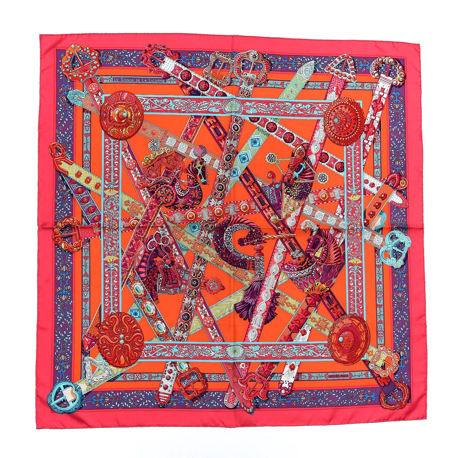 Hermes Silk Le Songe De La Licorne Scarf 90 Rose Indien Capucine Violet 1 of 7