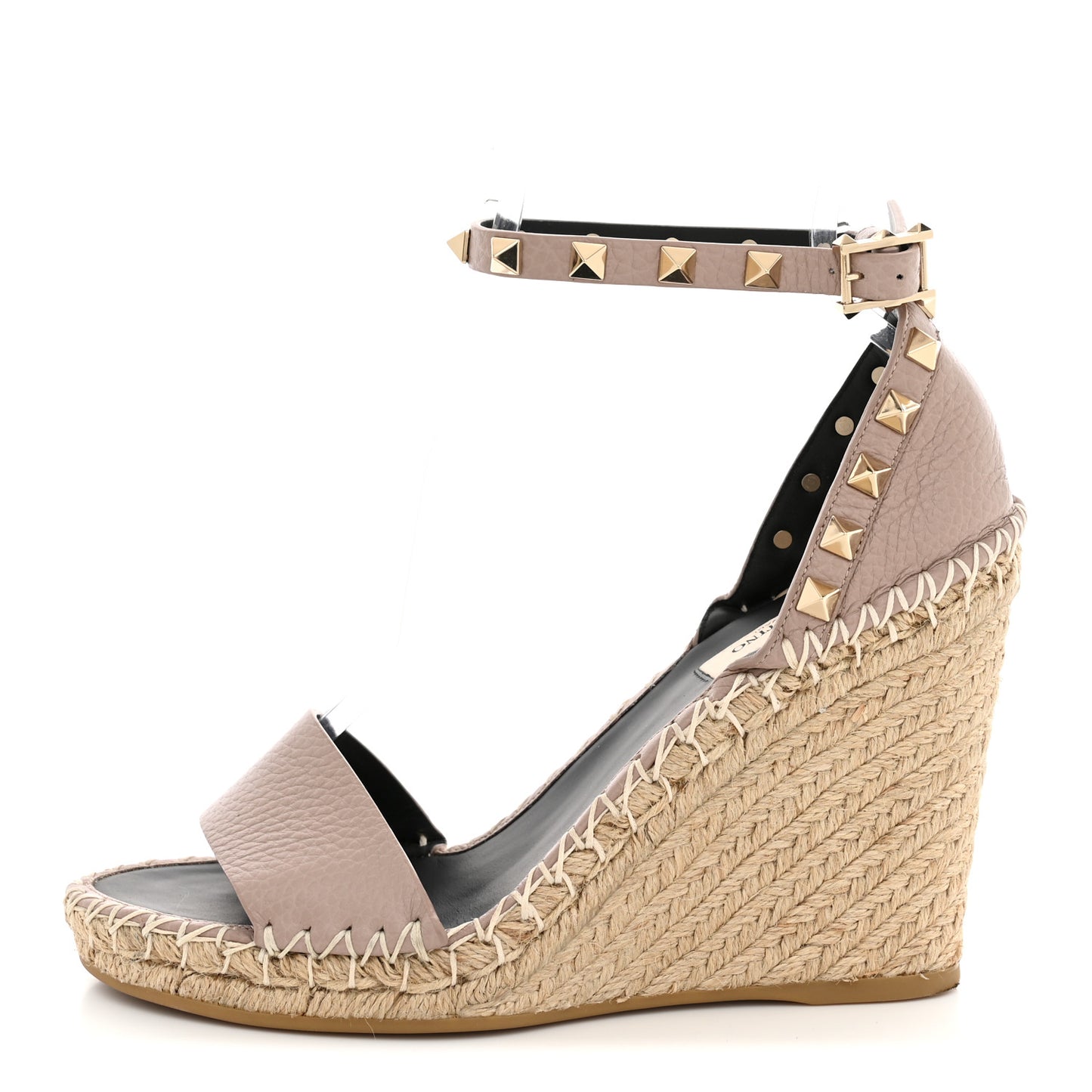 Grained Calfskin Rockstud Ankle Strap Espadrille 15/105mm Wedge Sandals 37 Poudre Natural