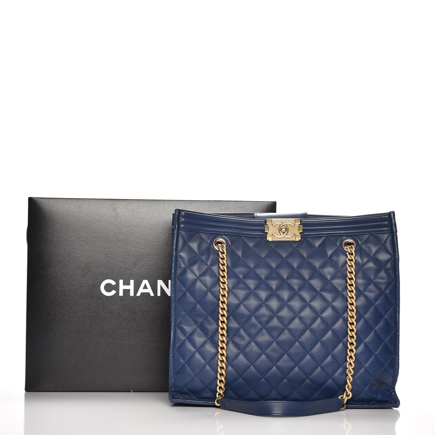 Calfskin Quilted Large Boy Tote Navy