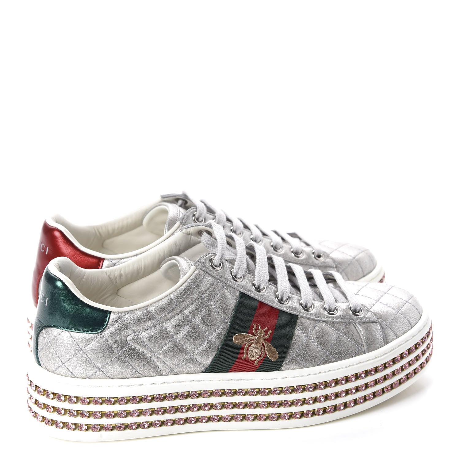 Gucci Laminated Nappa Crystal Web Bee Embroidered Trapuntata Womens Ace Platform Sneakers 36.5 Argento 4 of 12