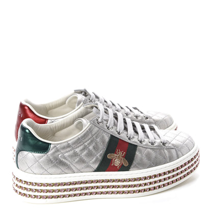 Gucci Laminated Nappa Crystal Web Bee Embroidered Trapuntata Womens Ace Platform Sneakers 36.5 Argento 4 of 12