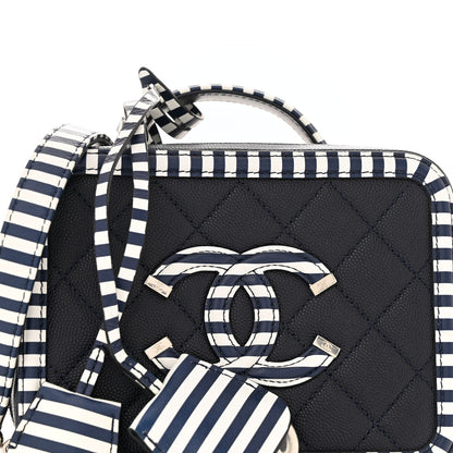 Chanel Caviar Quilted Striped Small CC Filigree Vanity Case Navy White 9 of 12