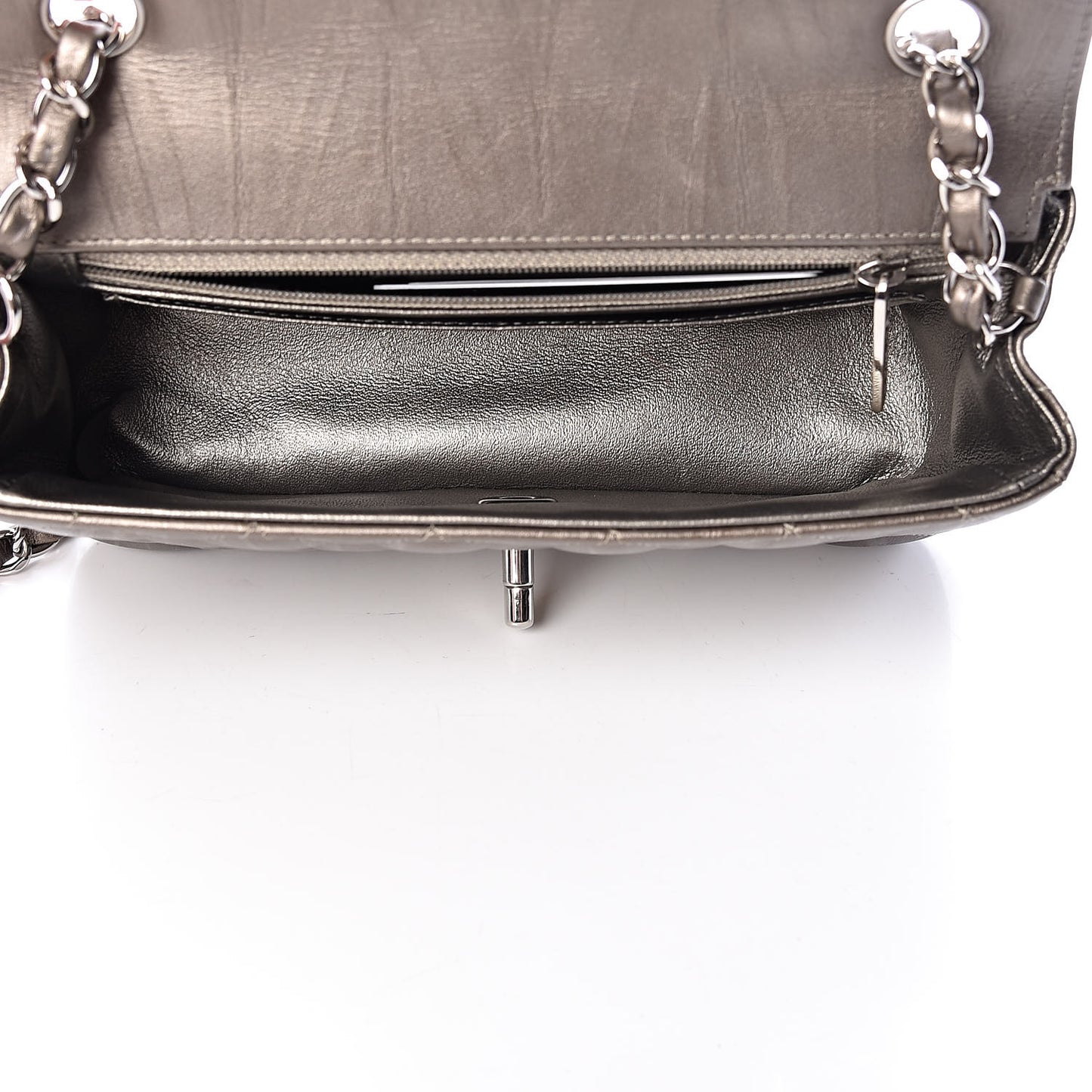 Iridescent Calfskin Quilted Mini Rectangular Flap Dark Silver