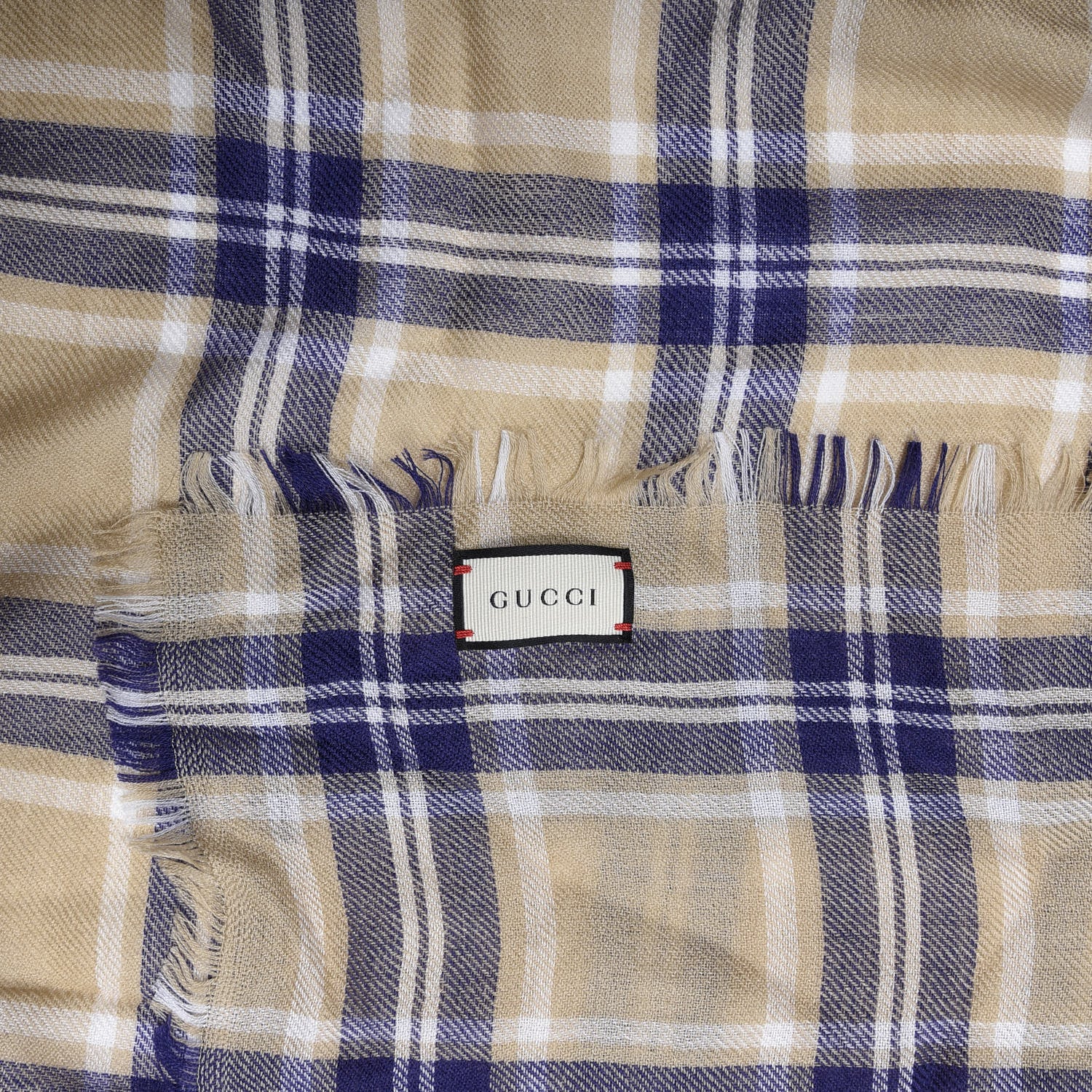 Gucci Wool Tiger Embroidered Plaid Scarf Beige Navy 4 of 4