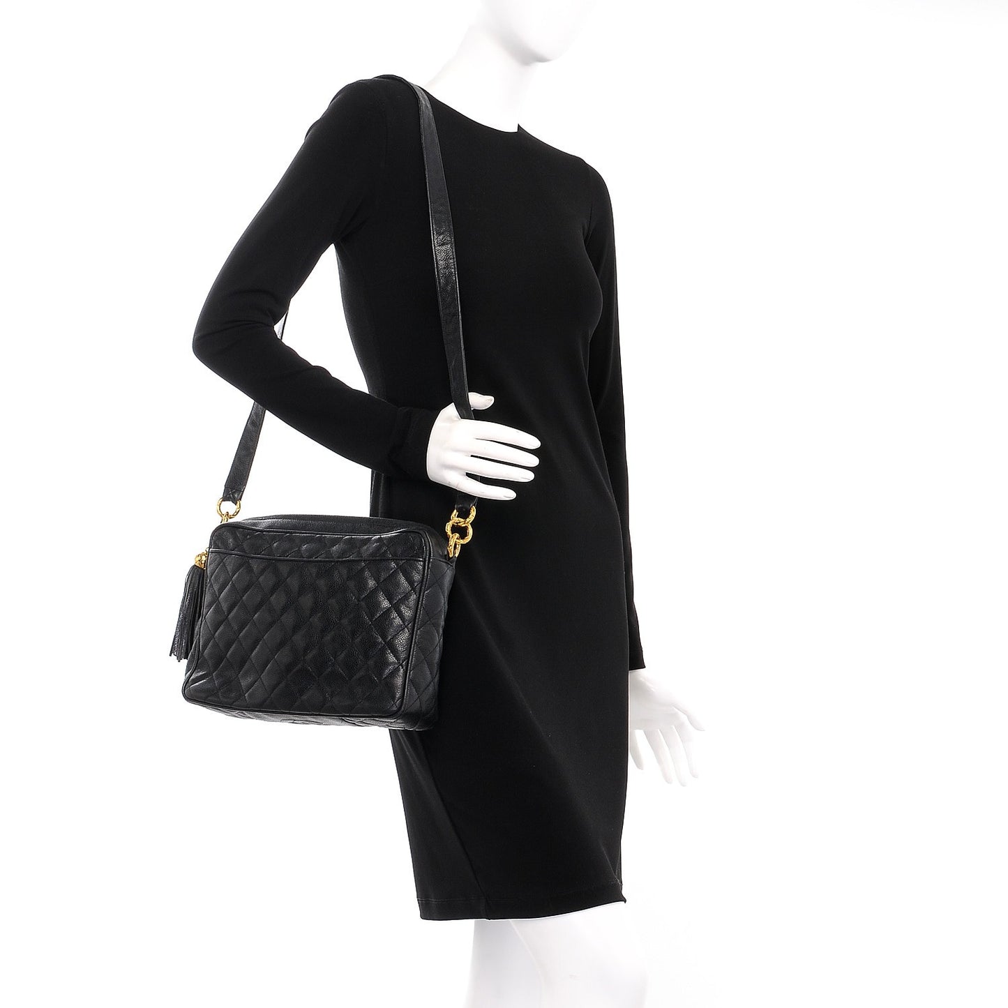 Caviar Quilted Tassel Camera Bag Black