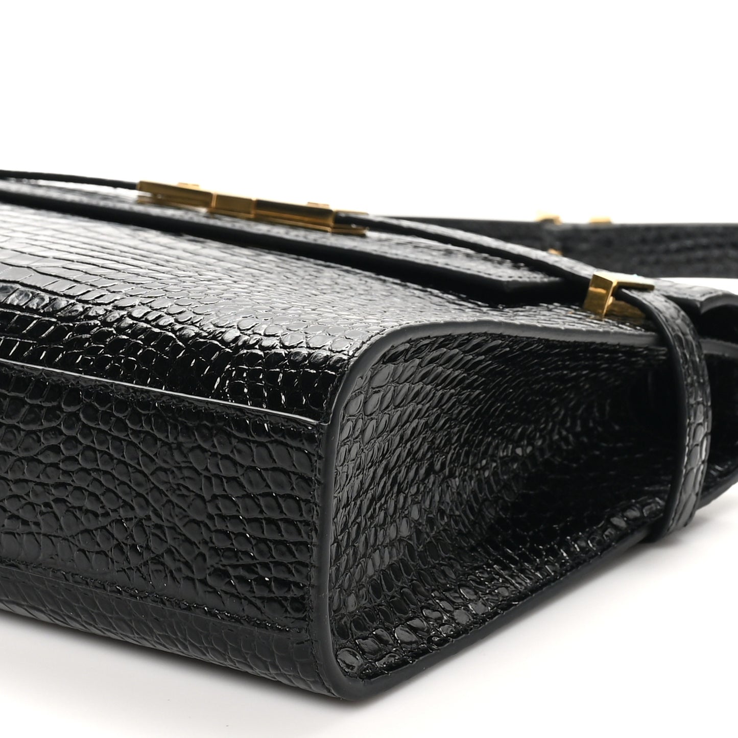 Shiny Calfskin Crocodile Embossed Manhattan Baguette Black
