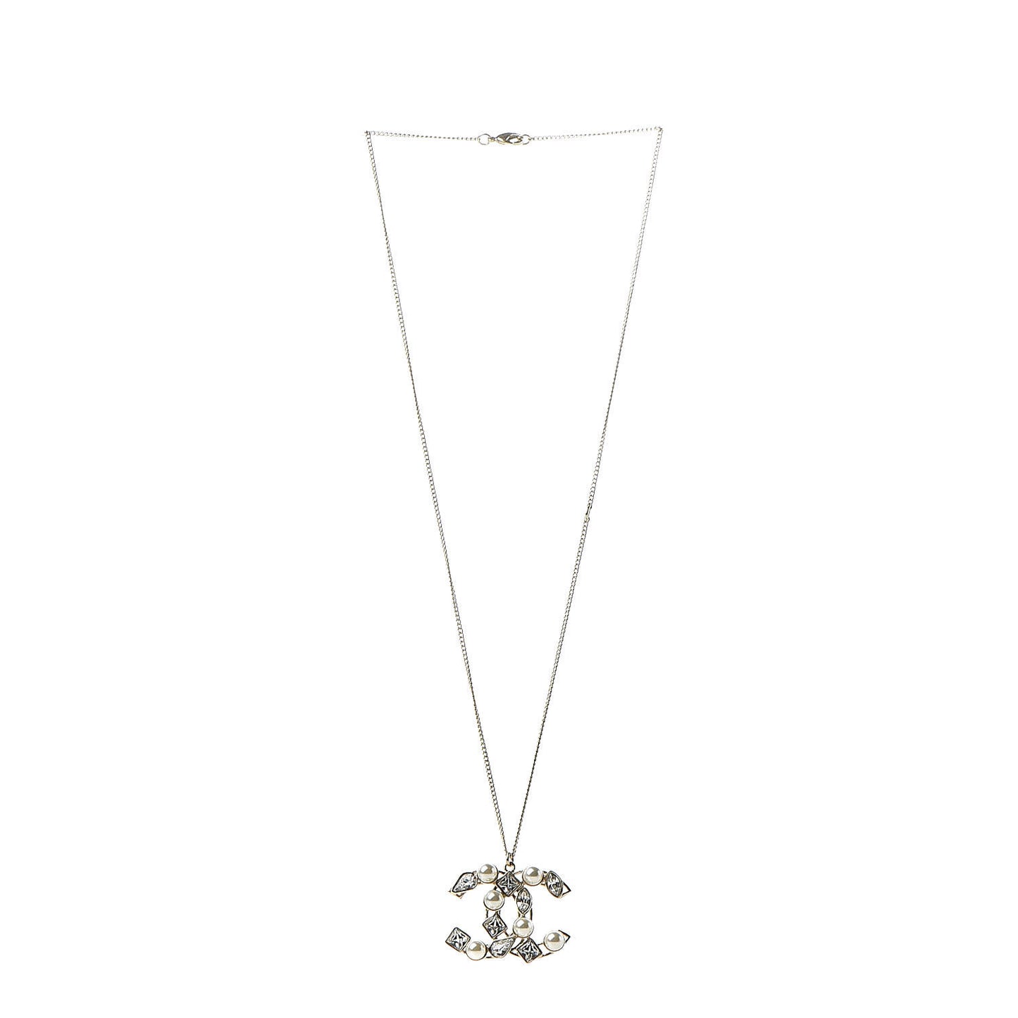 Pearl Crystal Baguette CC Pendant Necklace Gold