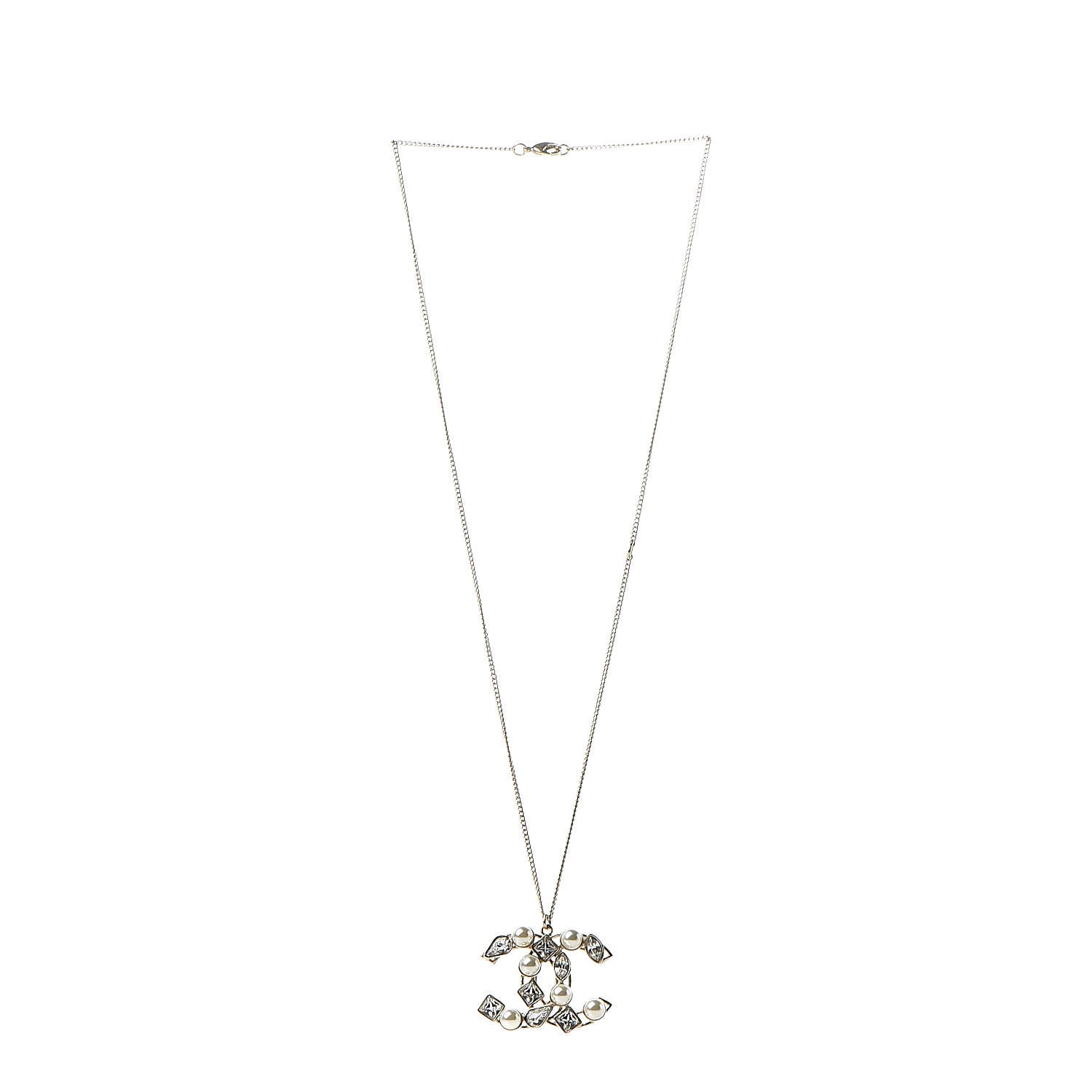 Chanel Pearl Crystal Baguette CC Pendant Necklace Gold 3 of 6