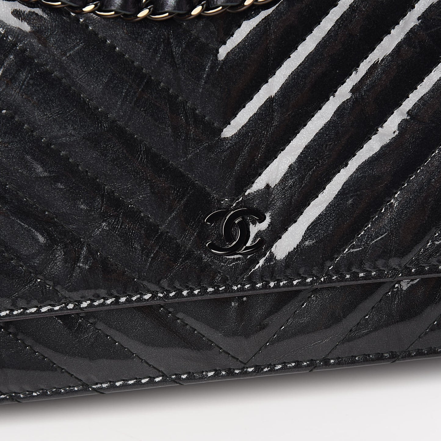 Patent Metallic Crumpled Calfskin Chevron Quilted Wallet On Chain WOC Black