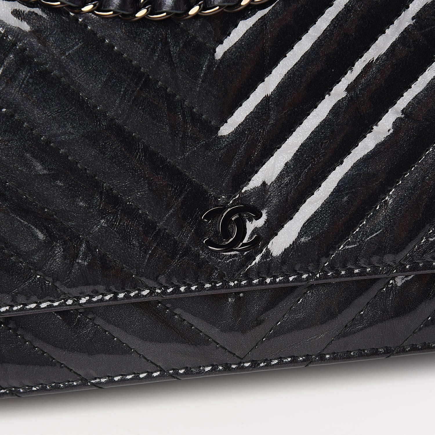 Chanel Patent Metallic Crumpled Calfskin Chevron Quilted Wallet On Chain WOC Black 12 of 13