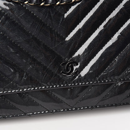 Chanel Patent Metallic Crumpled Calfskin Chevron Quilted Wallet On Chain WOC Black 12 of 13