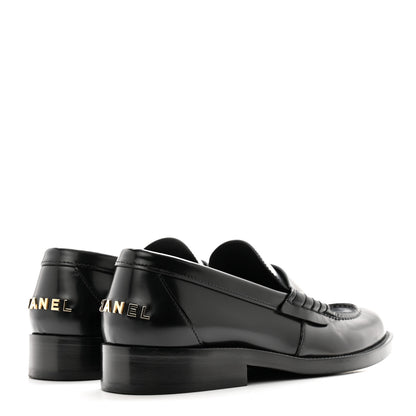 Chanel Shiny Calfskin Logo Loafers 37.5 Black 4 of 10