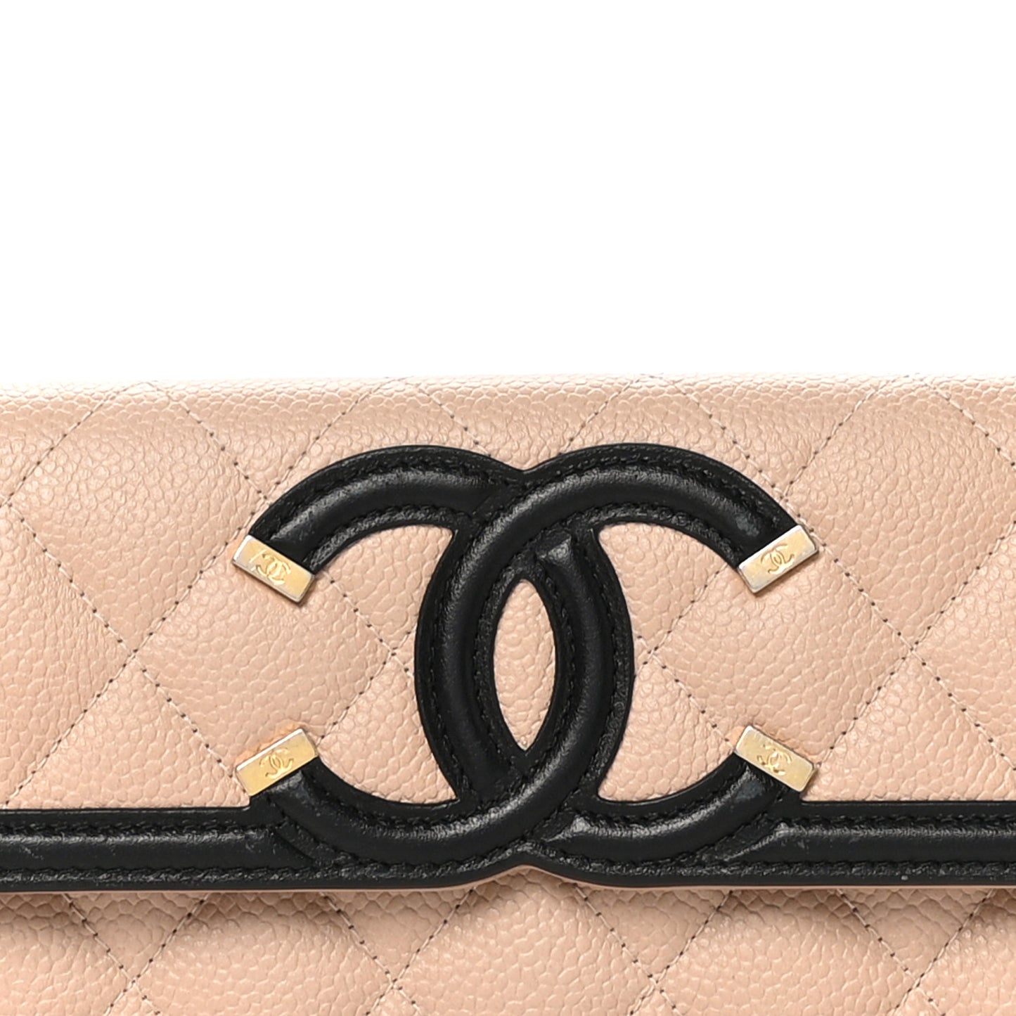 Caviar Quilted Filigree Large Gusset Flap Wallet Beige Black